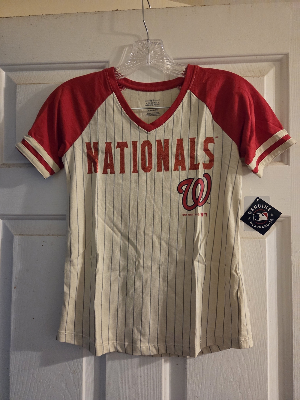 Genuine Merchandise Washington Nationals Red and White Pinstripe V-Neck Tee